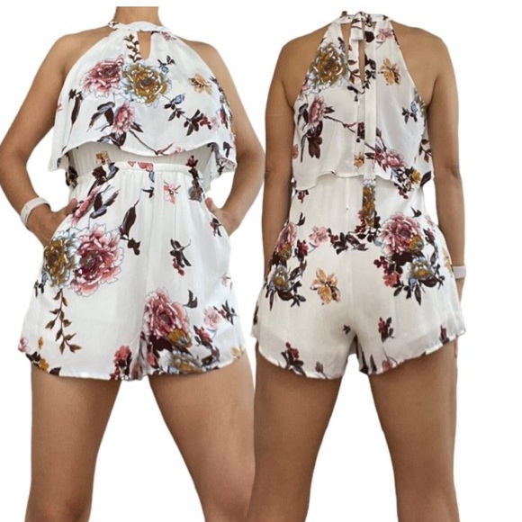 Francesca's Blue Rain Womens Shorts Romper, Medium, Ivory Floral Halter Style - Picture 4 of 8